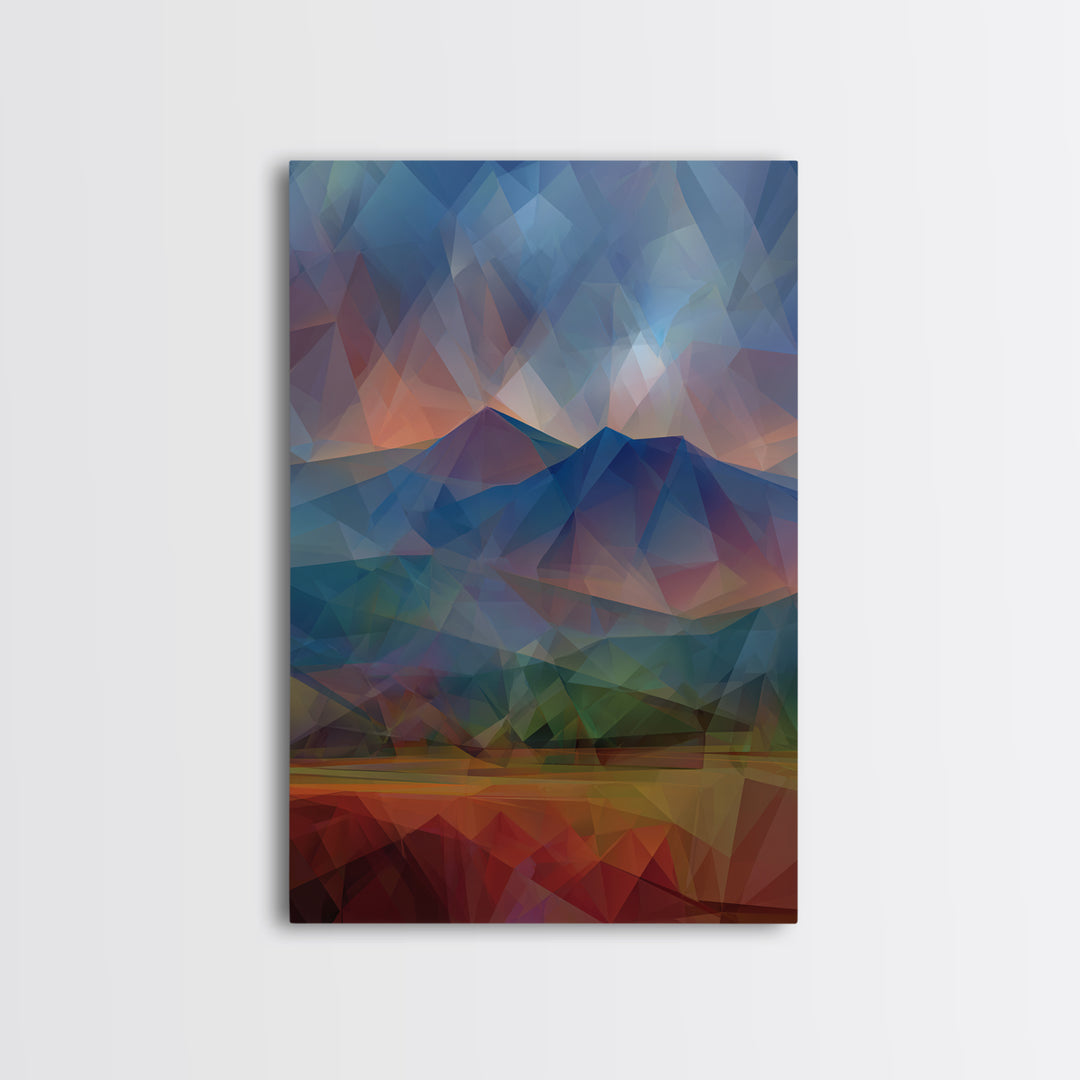 Low Poly Blue Mountain Peaks At Dusk Canvas Print, Abstract Landscape Wall Art, Modern Home Decor, Scenic Nature Poster Print