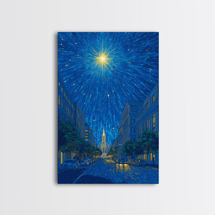 Radiant Starburst Above Blue City Street Canvas Print, Night Skyline Wall Art, Modern Travel Poster, Gothic Cathedral Decor