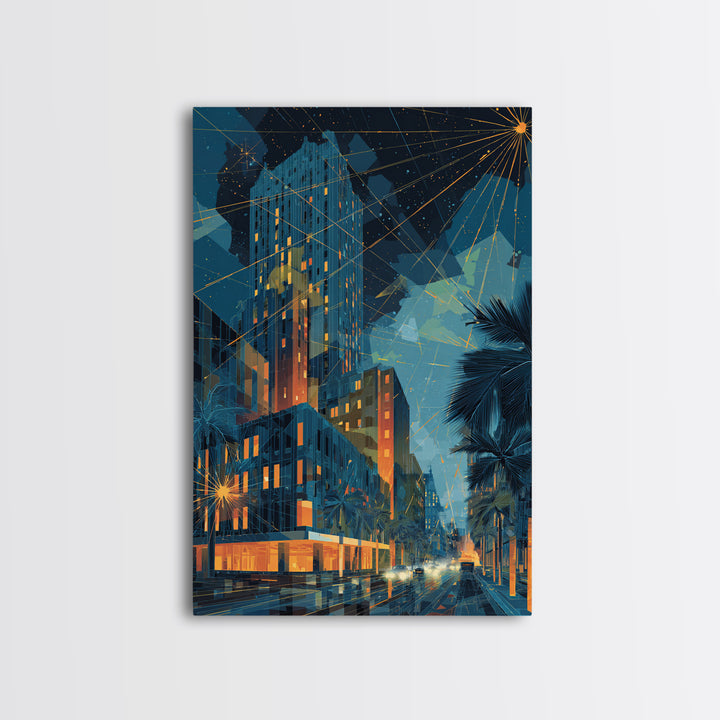 Glowing Art Deco Night City With Palms Wall Art, Mid Century Modern Poster, Retro Urban Decor, Blue Orange Living Room Print