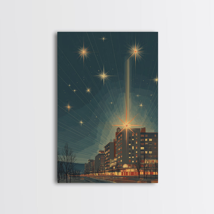 Radiant Starburst Skyline Over Waterfront Wall Art, Mid Century Modern City Print, Retro Night Decor, Office Poster Gift