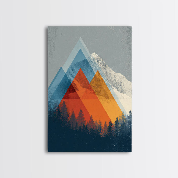 Snowy Alpine Peak With Orange Blue Triangles Framed Canvas Print, Mid Century Modern Wall Art, Forest Landscape Decor Print