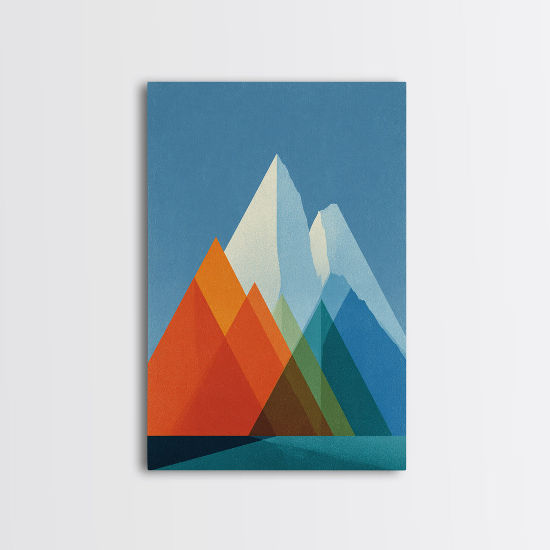 Minimalist Blue And Orange Mountain Triangles Wall Art, Mid Century Modern Canvas Print, Geometric Landscape Home Decor Gift