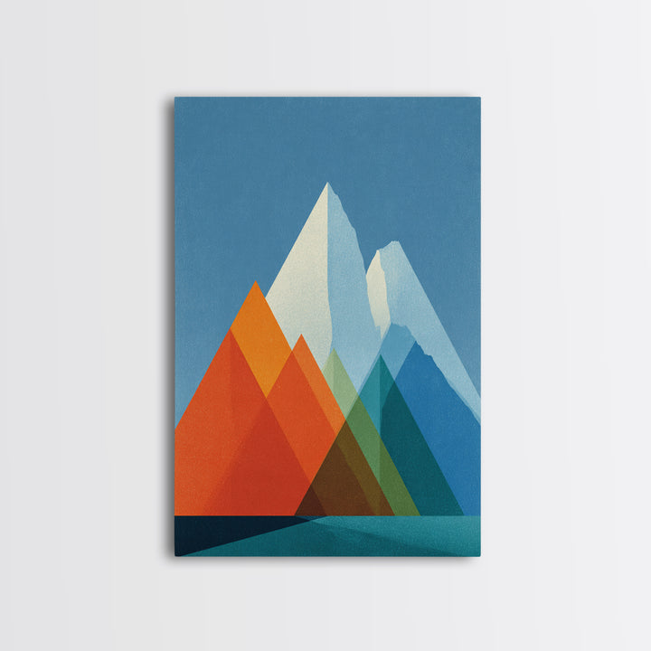 Minimalist Blue And Orange Mountain Triangles Wall Art, Mid Century Modern Canvas Print, Geometric Landscape Home Decor Gift