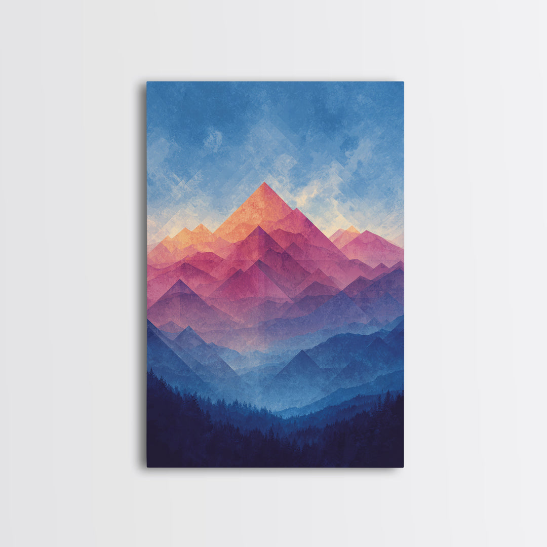 Pink And Blue Layered Mountain Sunset Wall Art, Mid Century Modern Abstract Landscape Print, Colorful Bedroom Decor Gift