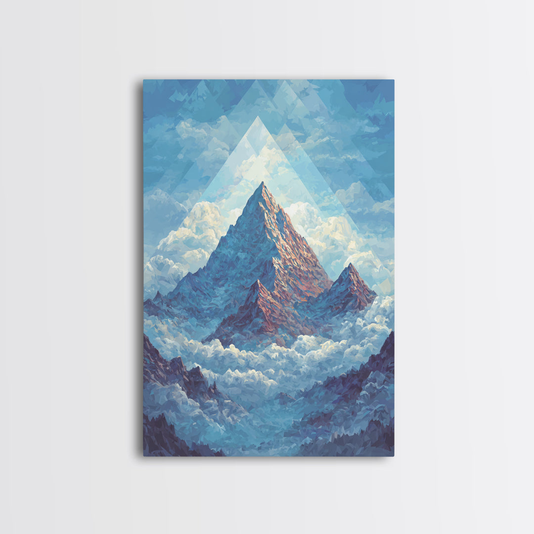 Snowy Peak Rising Above Clouds Framed Canvas Print, Mid Century Modern Wall Art, Blue Mountain Landscape Office Decor Poster