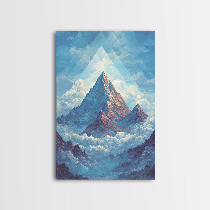 Snowy Peak Rising Above Clouds Framed Canvas Print, Mid Century Modern Wall Art, Blue Mountain Landscape Office Decor Poster