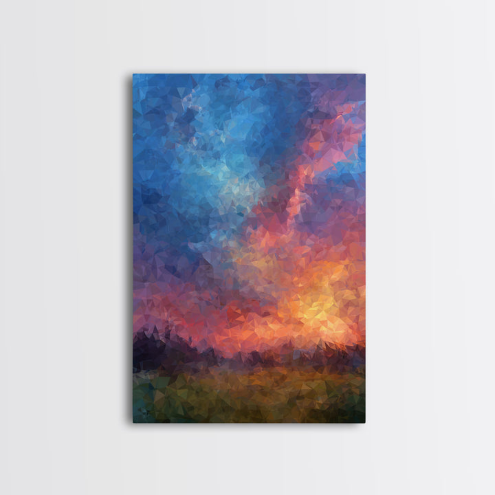Polygon Sunset Sky With Blue Pink Clouds Wall Art, Colorful Landscape Poster, Abstract Nature Art, Modern Bedroom Decor Print