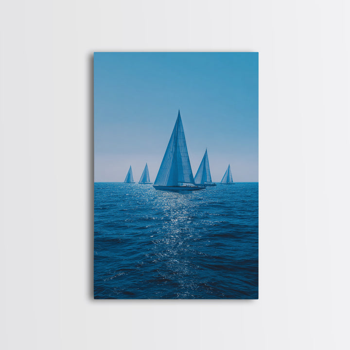 Blue Sailboats On Sparkling Ocean Wall Art, Mid Century Modern Canvas Print, Nautical Coastal Decor, Beach House Poster Gift