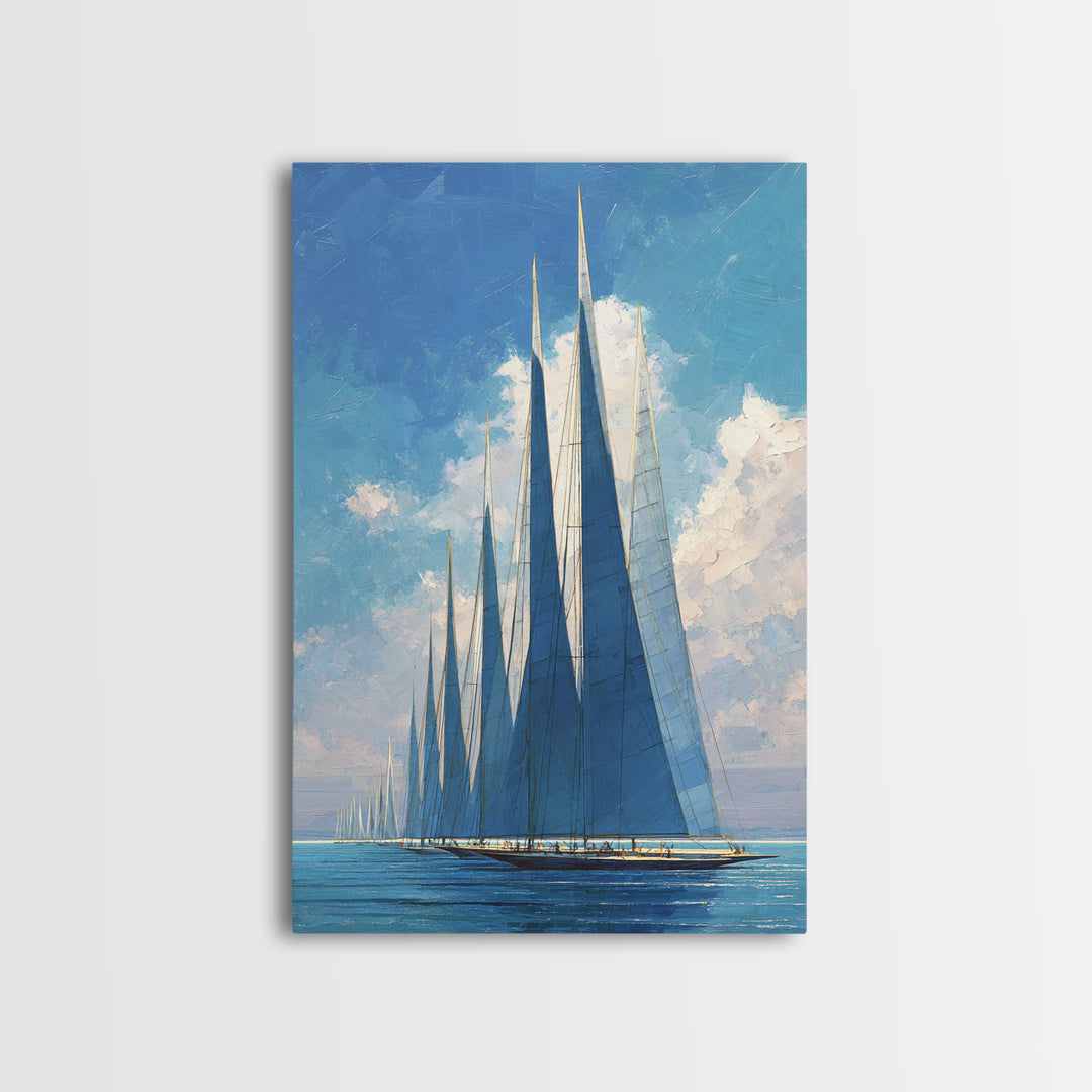 Blue Sailboat Fleet On Sparkling Sea Wall Art, Nautical Coastal Decor, Modern Art Print, Living Room Ocean Canvas, Boat Lover Gift