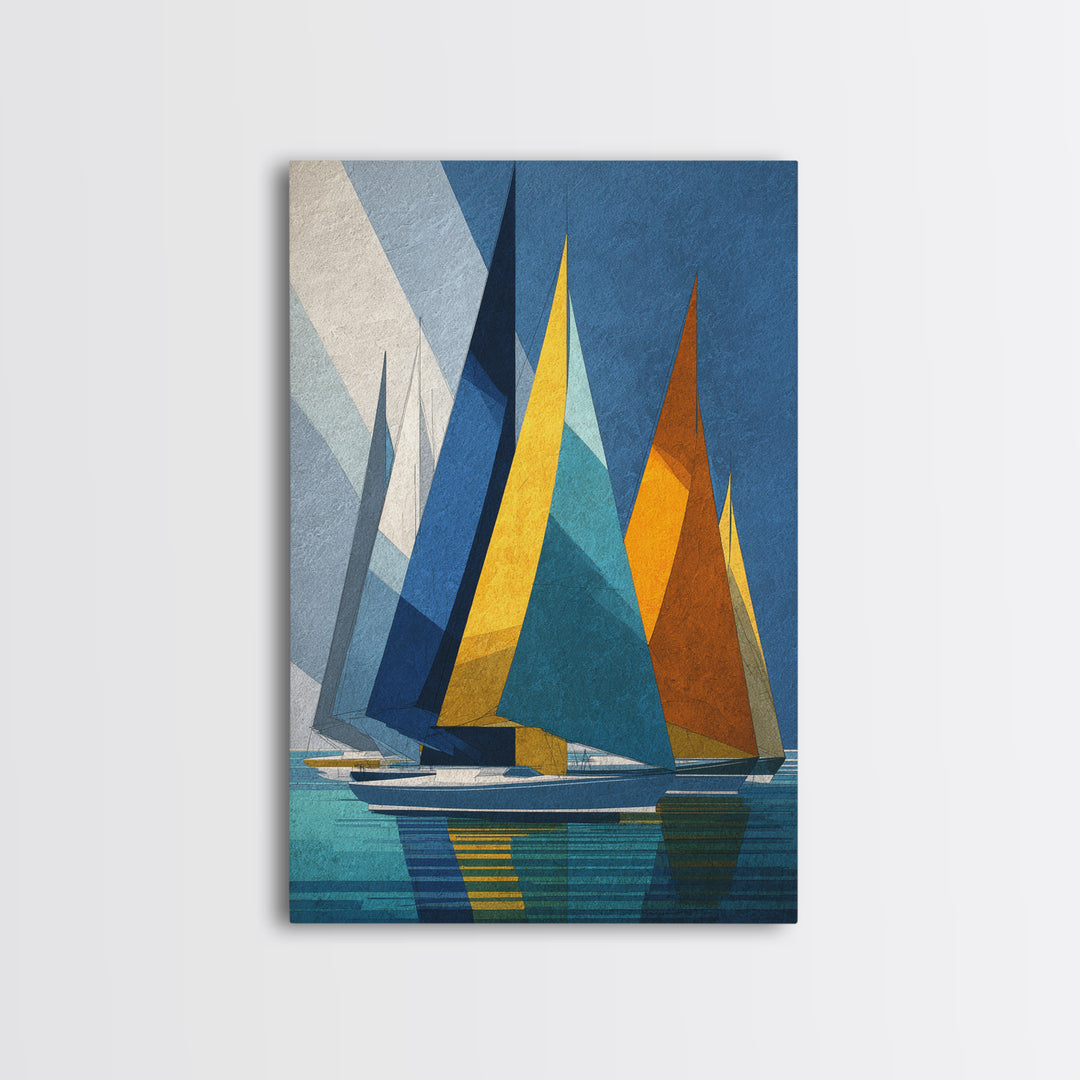 Geometric Sailboats With Yellow And Orange Sails Canvas Print, Midcentury Modern Wall Art, Coastal Nautical Decor, Boat Lover Gift