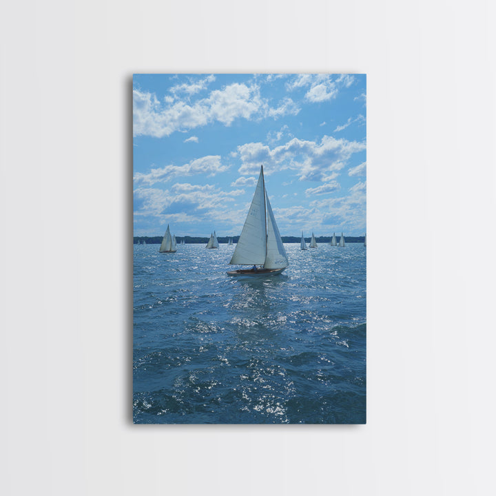 White Sailboats On Sparkling Blue Lake Wall Art, Coastal Travel Poster, Nautical Living Room Decor, Boat Lover Gift, Office Decor