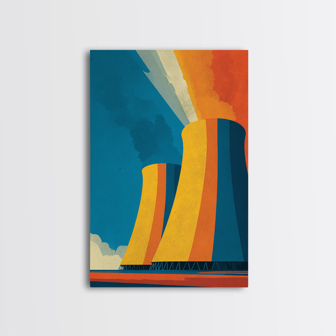 Orange Teal Cooling Towers Canvas Print, Industrial Architecture Wall Art, Retro Modern Decor, Bold Energy Poster, Office Statement Piece