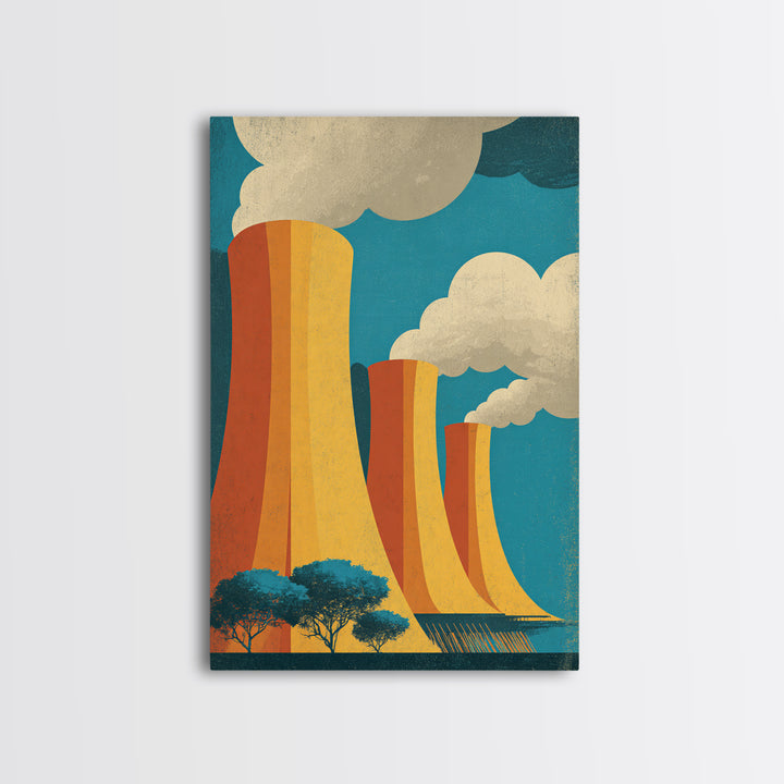 Three Orange Cooling Towers With Steam Framed Canvas Print, Industrial Wall Art, Retro Modern Decor, Power Plant Posters
