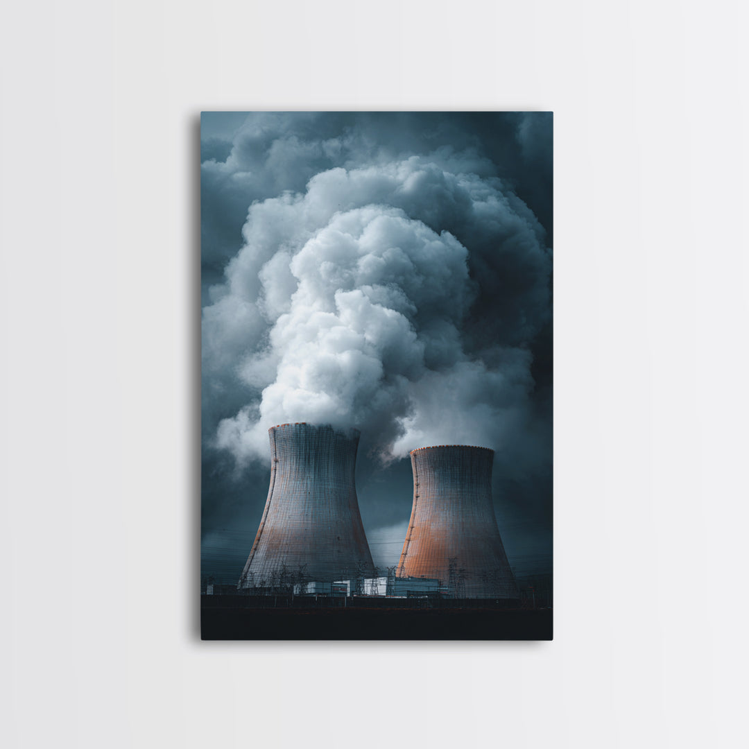 Dark Cooling Towers Under Storm Clouds Wall Art, Industrial Photography Print, Modern Office Decor, Dramatic Power Plant