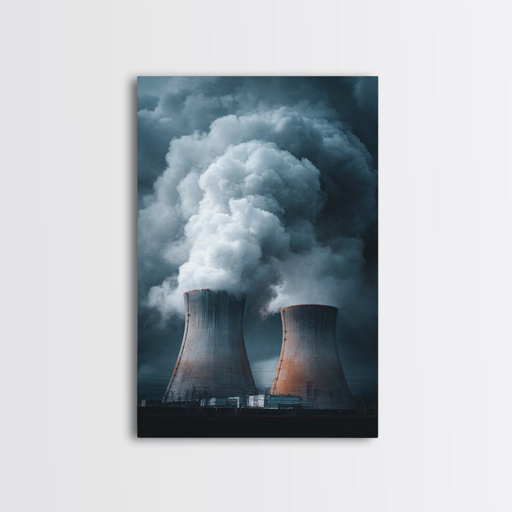 Dark Cooling Towers Under Storm Clouds Wall Art, Industrial Photography Print, Modern Office Decor, Dramatic Power Plant