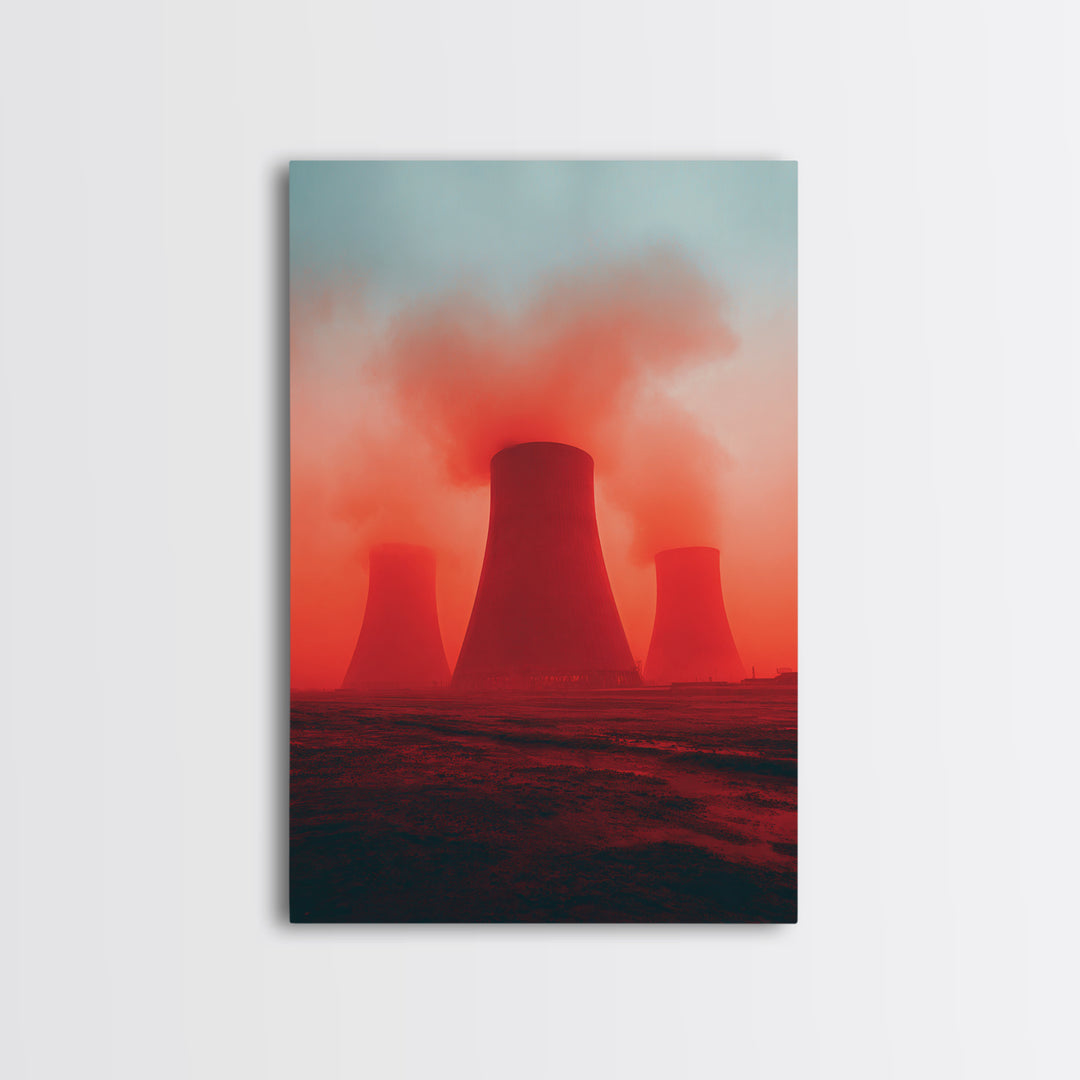 Red Fog Cooling Towers At Dusk Canvas Print, Industrial Landscape Wall Art, Moody Modern Decor, Power Plant Poster, Statement Piece