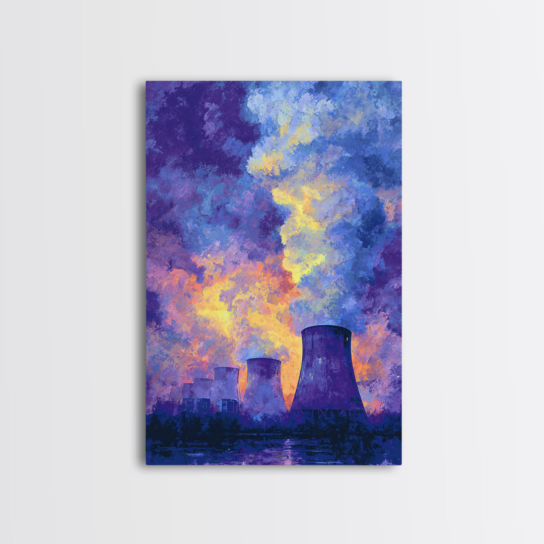 Purple Sunset Cooling Towers With Colorful Smoke Wall Art, Industrial Modern Art Print, Dramatic Office Decor, Energy Poster
