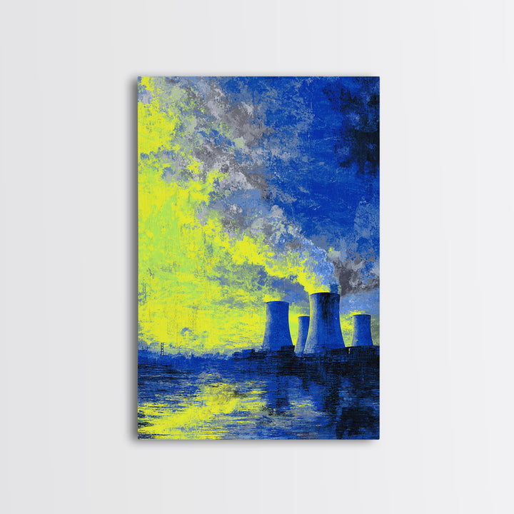 Blue Yellow Power Plant Across Water Canvas Print, Industrial Wall Art, Modern Abstract Decor, Bold Office Poster, Statement Piece