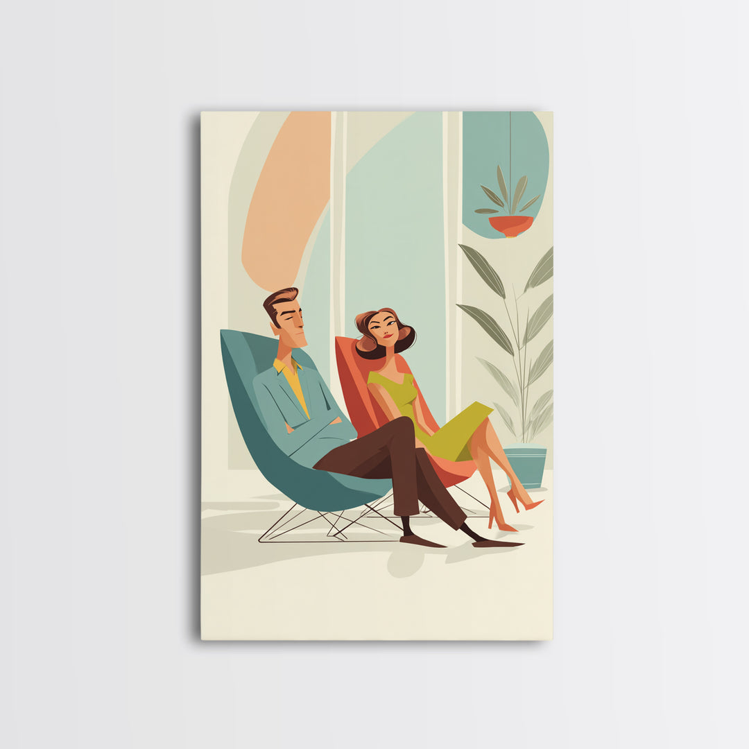 Elegant Midcentury Couple In Teal Chair Framed Canvas Print, Modern Wall Art, Retro Home Decor, MCM Gallery Wall Print Gift
