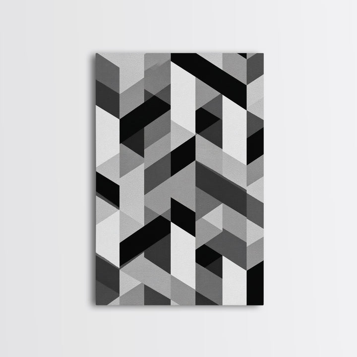 Grayscale Cubist Geometric Pattern Wall Art, Modern Abstract Art Print, Black White Office Decor, MCM Home Decor Canvas Print
