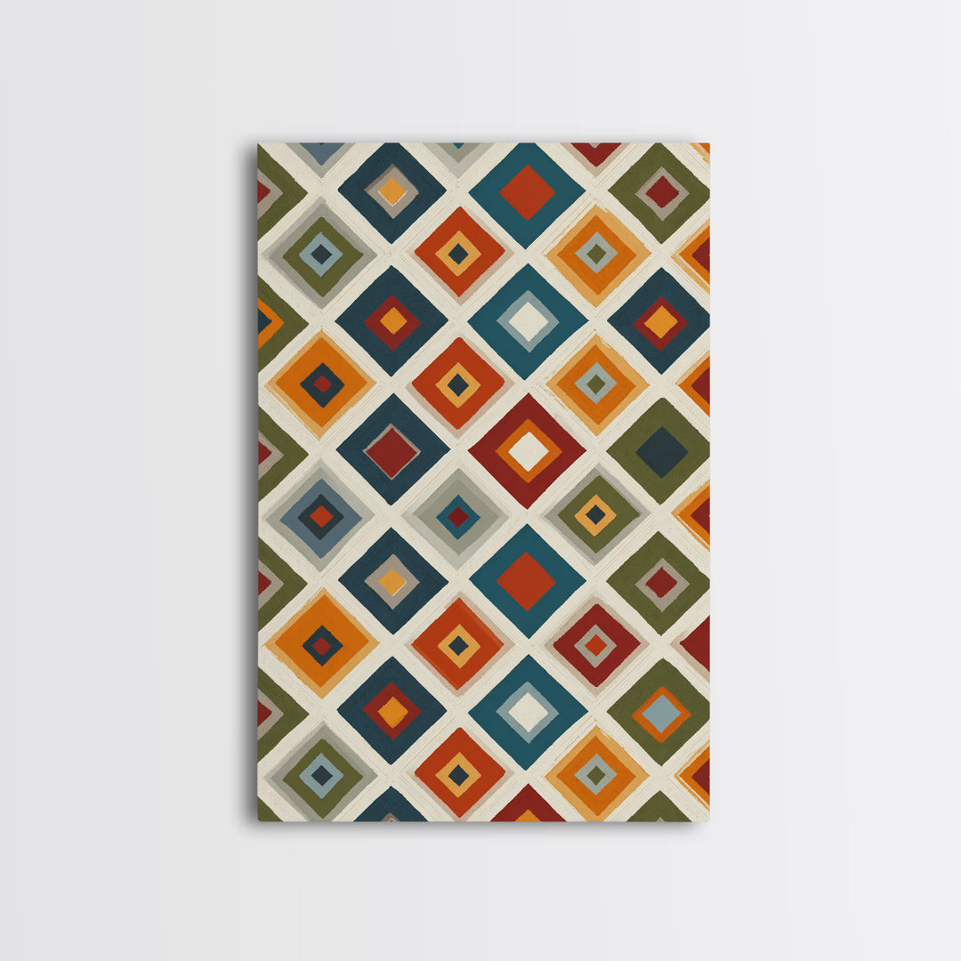 Retro Diamond Tile Pattern Wall Art, Midcentury Modern Decor, Geometric Canvas Print, Earth Tone MCM Gallery Wall Decor Print