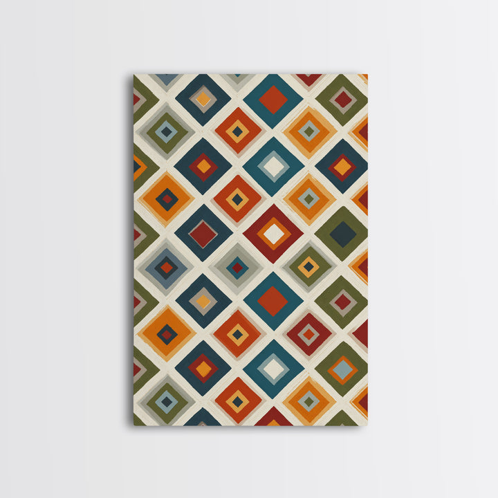 Retro Diamond Tile Pattern Wall Art, Midcentury Modern Decor, Geometric Canvas Print, Earth Tone MCM Gallery Wall Decor Print