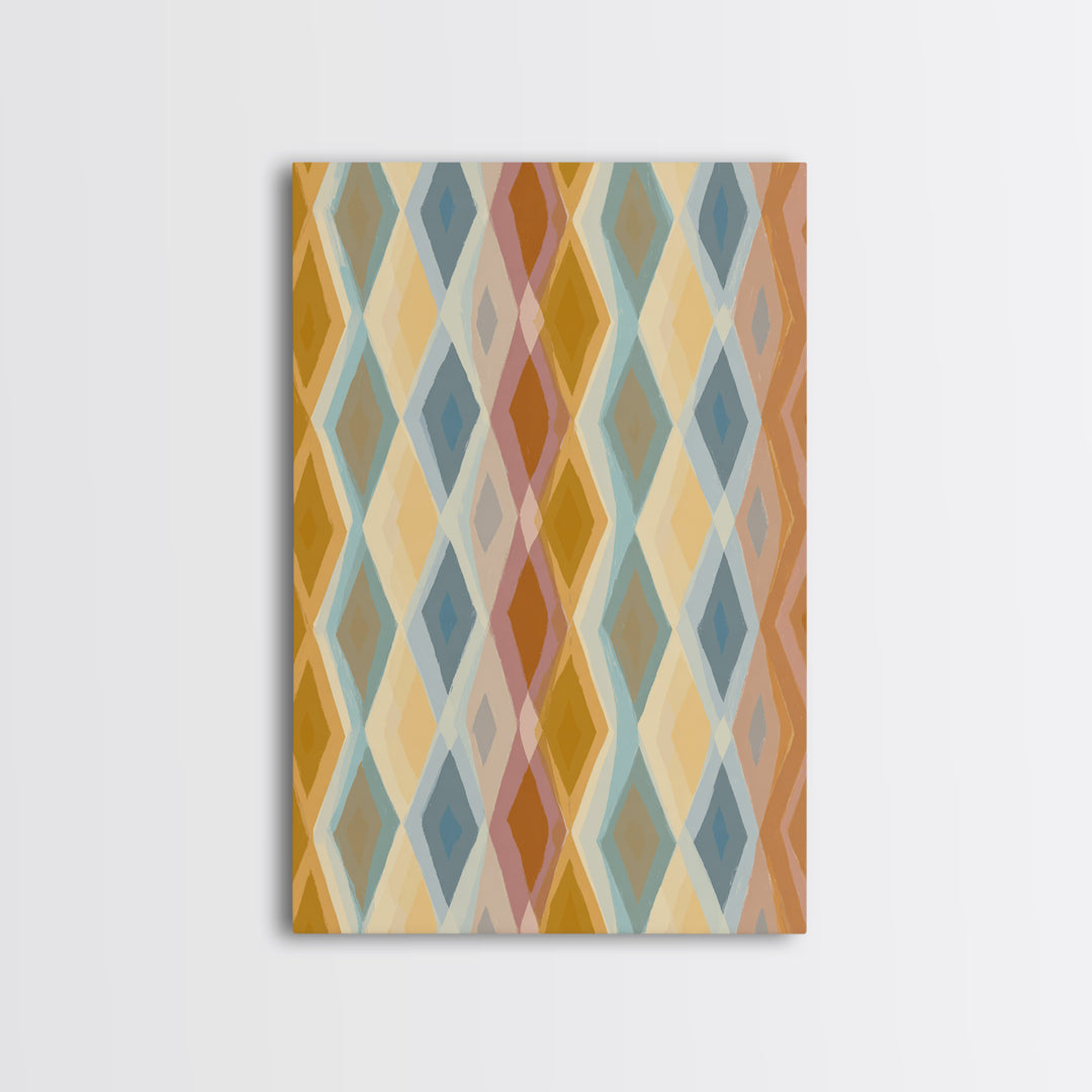 Pastel Argyle Diamond Pattern Wall Art, Mid Century Modern Geometric Print, Retro Abstract Decor, Mustard Blue Canvas Home Decor