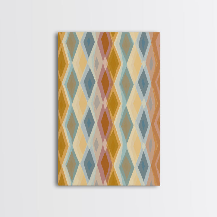 Pastel Argyle Diamond Pattern Wall Art, Mid Century Modern Geometric Print, Retro Abstract Decor, Mustard Blue Canvas Home Decor