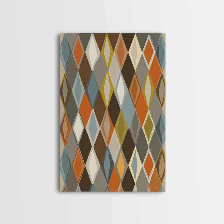 Earthy Argyle Diamond Pattern Framed Canvas Print, Mid Century Modern Wall Decor, Retro Geometric Abstract Art, Orange Blue