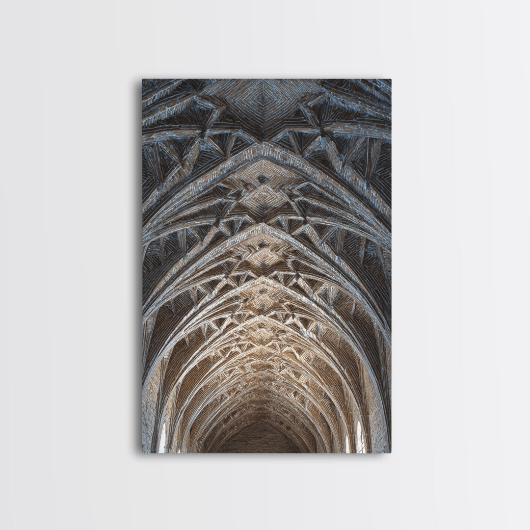 Gothic Vaulted Ceiling Architecture Wall Art, Cathedral Arches Perspective Print, Modern Geometric Decor, Blue Brown Tones