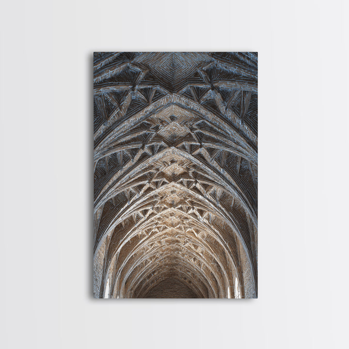 Gothic Vaulted Ceiling Architecture Wall Art, Cathedral Arches Perspective Print, Modern Geometric Decor, Blue Brown Tones