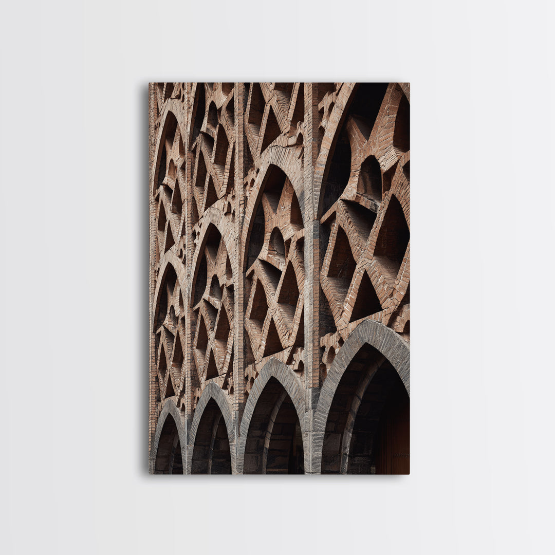 Brick Arch Facade Architecture Canvas Print, Geometric Gothic Arches Wall Decor, Modern Rustic Photo Art, Brown Black Texture