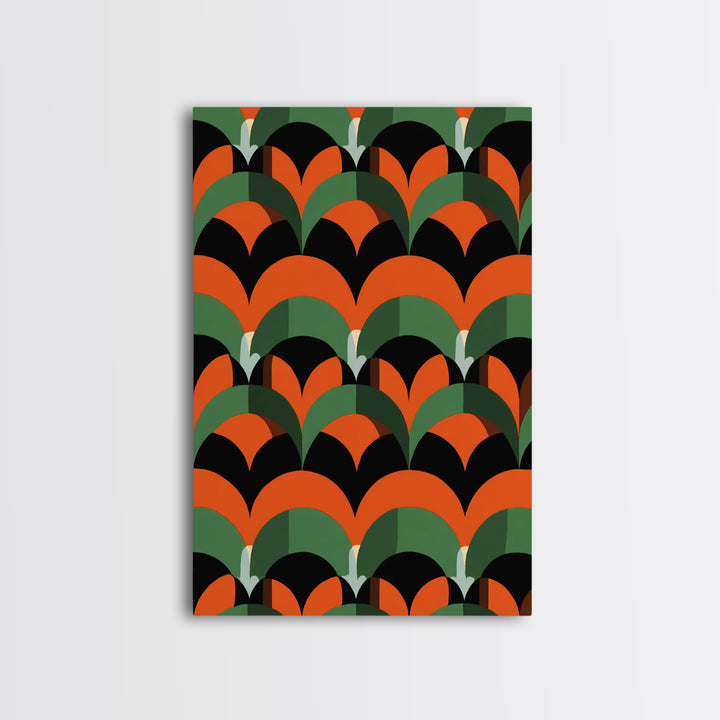 Orange Green Art Deco Fan Pattern Wall Art, Mid Century Modern Abstract Print, Retro Scallop Decor, Bold Black Canvas Home Decor