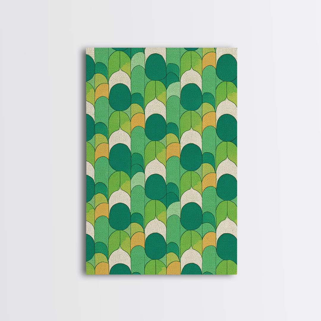 Green Botanical Oval Leaf Pattern Canvas Print, Mid Century Modern Wall Decor, Retro Nature Art, Textured Sage Teal Yellow