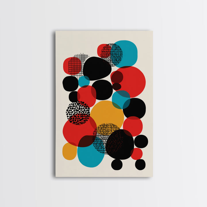 Red Teal Black Circle Cluster Canvas Print, Mid Century Modern Abstract Art, Retro Geometric Wall Decor, Mustard Cream Poster