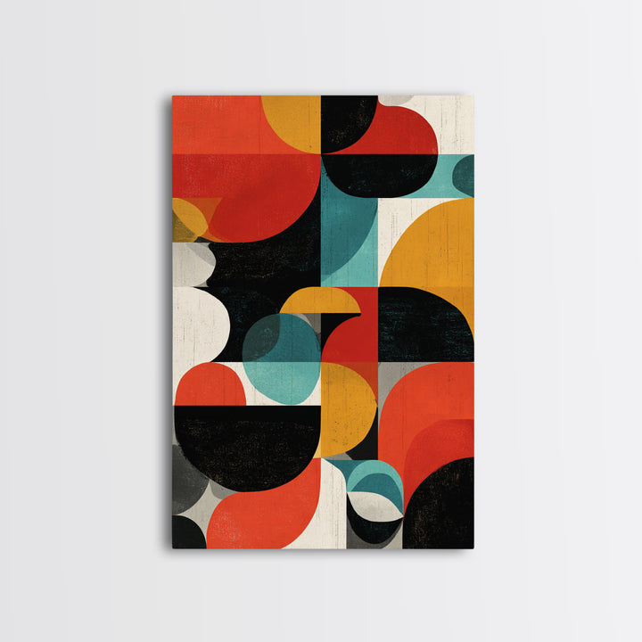 Bauhaus Blocks And Circles Framed Canvas Print, Mid Century Modern Abstract Wall Decor, Retro Geometric Art, Red Teal Mustard