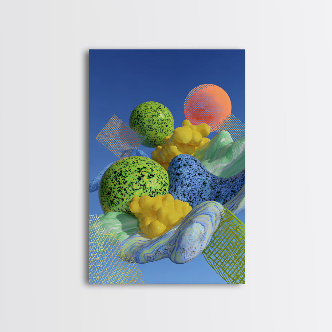 Surreal Speckled Planets And Mesh Mountains Canvas Print, Bright Midcentury Modern Abstract Wall Decor, Colorful Retro Art
