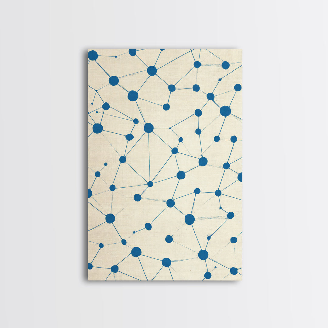 Blue Constellation Dot Pattern Canvas Print, Midcentury Modern Geometric Wall Art, Minimal Abstract Linen Home Office Decor