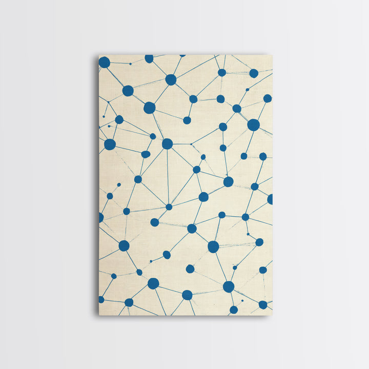 Blue Constellation Dot Pattern Canvas Print, Midcentury Modern Geometric Wall Art, Minimal Abstract Linen Home Office Decor