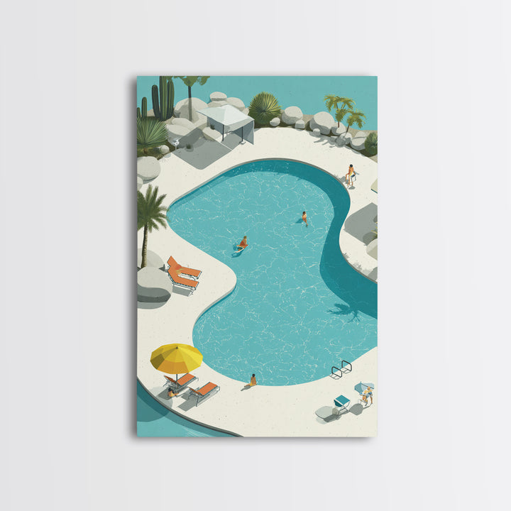 Aerial Desert Pool With Palms Wall Art, Midcentury Modern Palm Springs Print, Retro Vacation Resort Living Room Home Decor