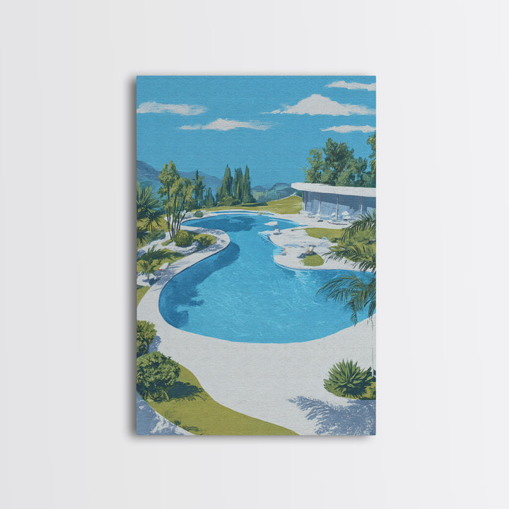 Midcentury Pool And Glass House Landscape Canvas Print, Palm Springs Modern Wall Art, Retro Architecture Living Room Home Decor