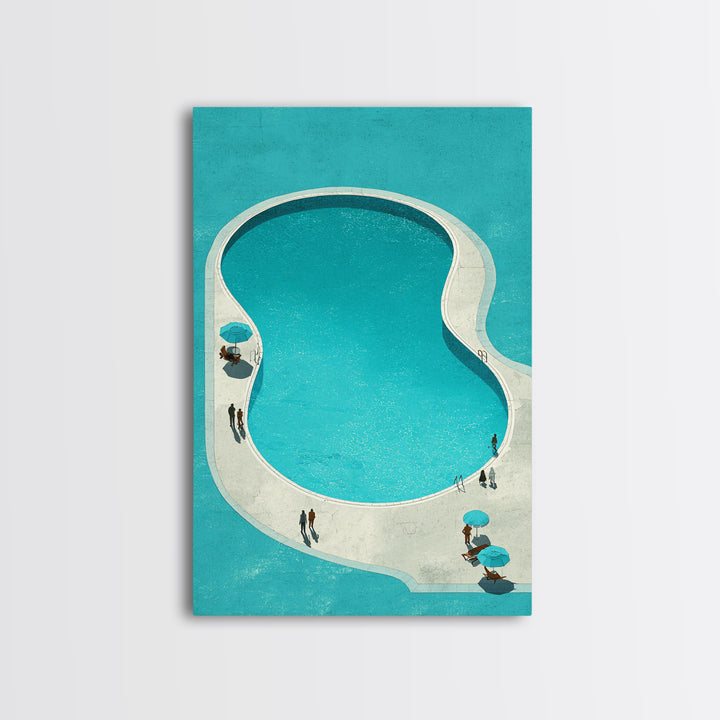 Minimal Turquoise Resort Pool Framed Canvas Print, Midcentury Modern Wall Art, Palm Springs Retro Travel Poster Living Room Decor