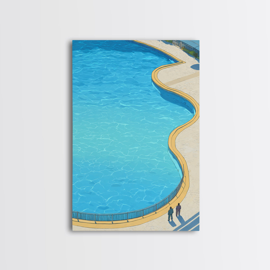Curved Blue Swimming Pool Wall Art, Midcentury Modern Coastal Resort Print, Minimal Summer Travel Living Room Home Decor