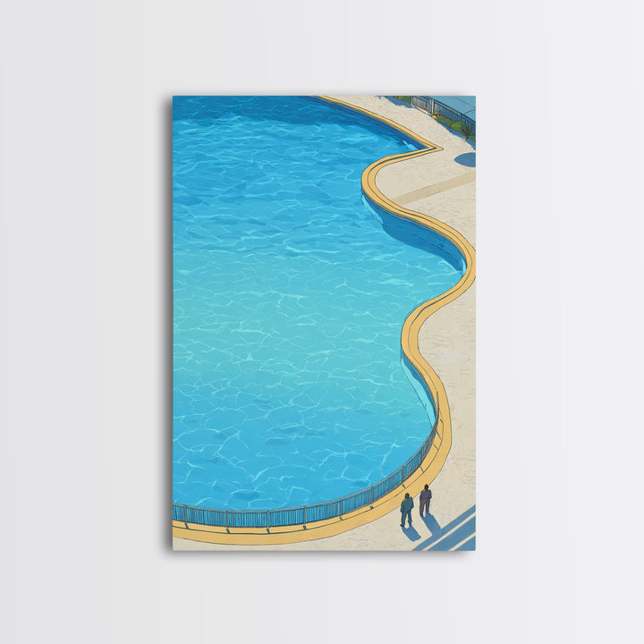 Curved Blue Swimming Pool Wall Art, Midcentury Modern Coastal Resort Print, Minimal Summer Travel Living Room Home Decor