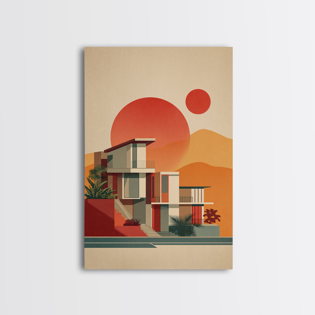 Desert Modernist House With Red Sun Wall Art, Mid Century Modern Poster, Retro Palm Springs Decor, Architectural Art Print