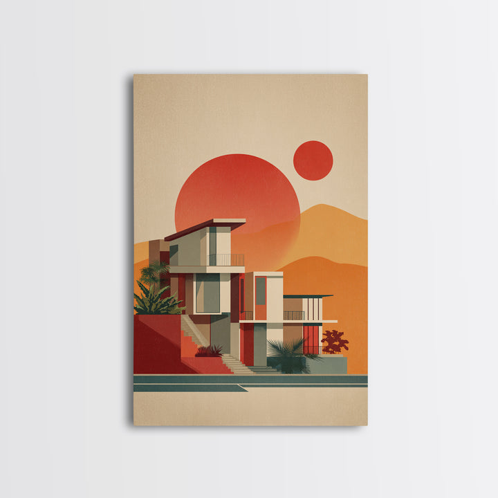 Desert Modernist House With Red Sun Wall Art, Mid Century Modern Poster, Retro Palm Springs Decor, Architectural Art Print