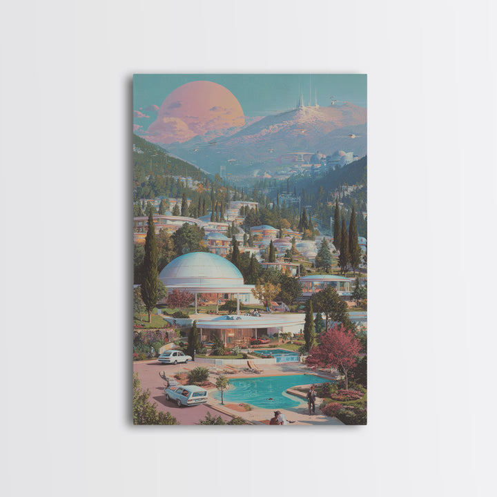 Futuristic Mountain Resort With Pink Moon Wall Art, Midcentury Modern Sci Fi Poster, Retro Travel Print, Scenic Home Decor