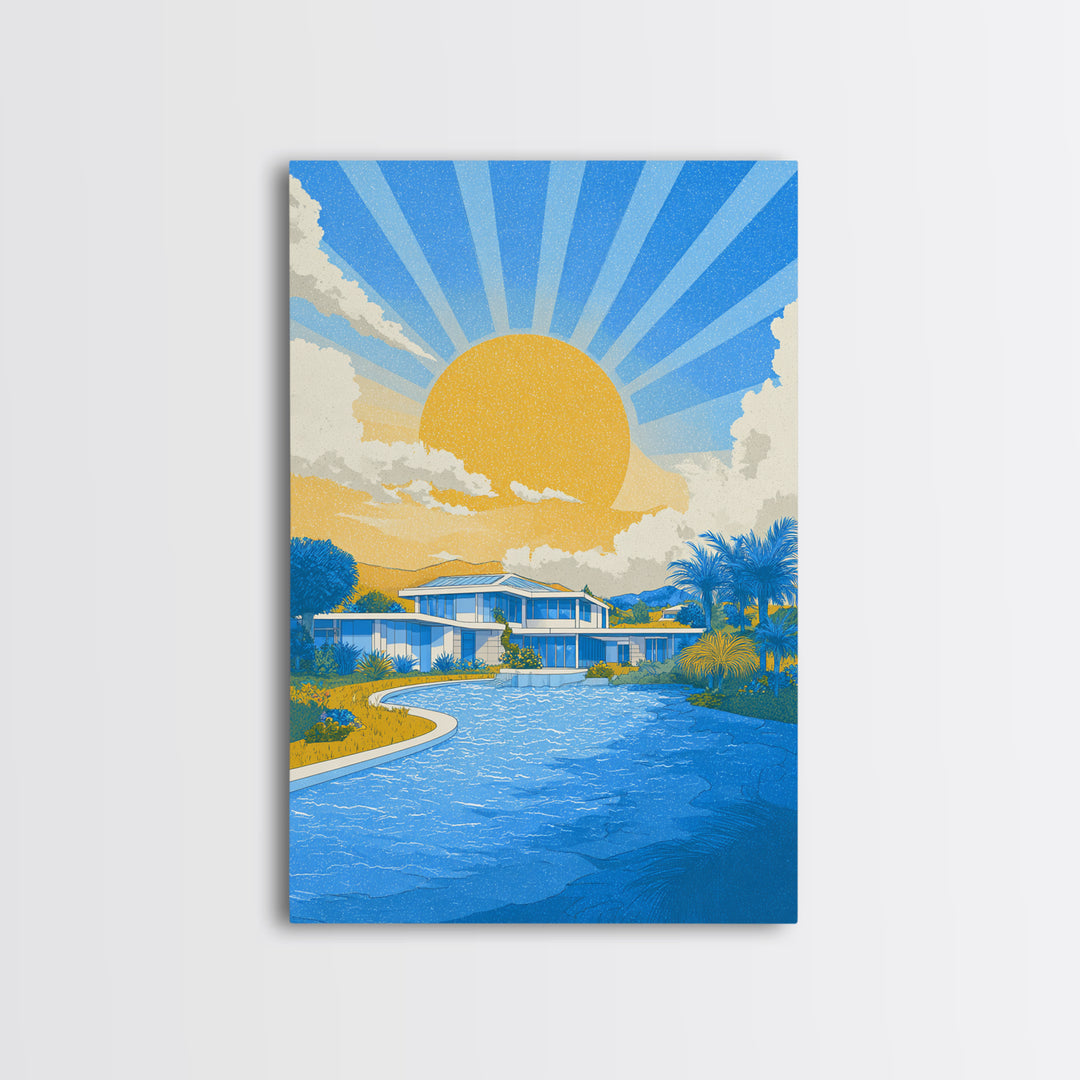 Blue Poolside Modern House With Sun Rays Framed Canvas Print, Mid Century Modern Wall Art, Tropical Palm Springs Decor Poster