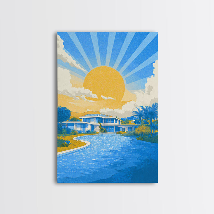 Blue Poolside Modern House With Sun Rays Framed Canvas Print, Mid Century Modern Wall Art, Tropical Palm Springs Decor Poster