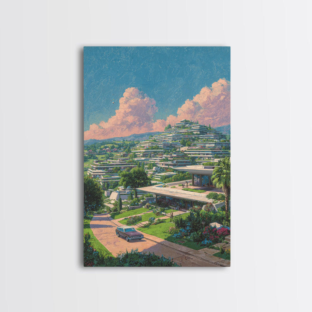 Terraced Hillside Utopia With Pink Clouds Wall Art, Midcentury Modern Architecture Poster, Colorful Landscape Home Decor